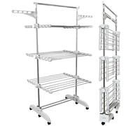 PORTENTUM Tendedero Vertical Plegable 14 cm - 5 Niveles y 58 Ganchos para Perchas - hasta 40 kg - Tenderete 24 Barras de Secado de Acero Inoxidable - Interior y Exterior - Ruedas giratorias con Freno