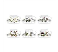 Portmeirion Jardín Botánico 6 Tazas de té y platillos en Forma de Tambor, Varios diseños, Porcelana, Multicolor, Juego de 12 Piezas, 6