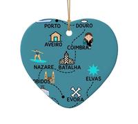 Portugal - Adorno decorativo de cerámica con diseño de mapa de viaje de Navidad, adorno único en forma de corazón para decoración navideña