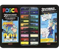 Posca 186833 - Set de rotuladores Manga Hero, 20 rotuladores acrílicos con tutoriales, póster y pegatinas, PC-1M, PC-3M, PC-5M