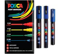 Posca - Bolígrafo de pintura permanente a base de agua - Uso multisuperficie - PC-1M, PC-3M, PC-5M - Paquete de 3 bolígrafos en estuche (Azul)