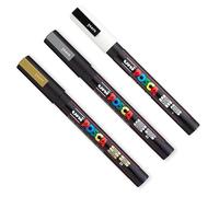 Posca PC-3M Rotuladores para Arte - Punta de 0,9-1,3mm - Paquete de 3 - Oro, Plata y Blanco
