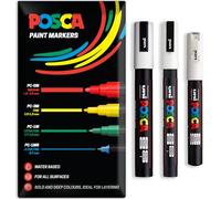Posca - Rotulador de pintura permanente a base de agua - Uso multisuperficie - PC-1M, PC-3M, PC-5M - Juego de 3 rotuladores en estuche (blanco)