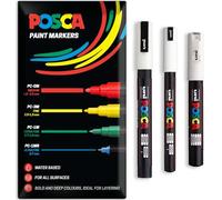 Posca - Rotulador permanente a base de agua, multiuso en superficies, PC-1MR, PC-1M, PC-3M, paquete de 3 bolígrafos en cartera (blanco)