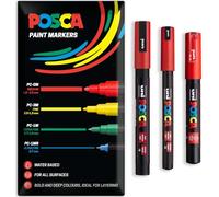 Posca - Rotulador permanente a base de agua, multiuso en superficies, PC-1MR, PC-1M, PC-3M, paquete de 3 bolígrafos en cartera (rojo)