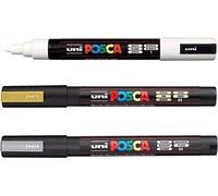 Posca Rotulador permanente a base de agua, multiuso en superficies, PC-5M, 1.8-2.5 mm, tinta blanca, plateada y dorada, paquete de 3