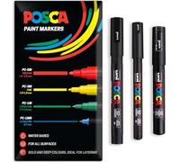 POSCA Rotuladores permanentes a base de agua para múltiples superficies PC-1MR, PC-1M, PC-3M, paquete de 3 bolígrafos en cartera (negro)