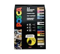 Posca - Uni Mitsubishi Pencil - Maxi Pack multipuntas - 14 rotuladores de pintura a base de agua - Todo soporte - Colores y puntas surtidas - Incluye bolsa