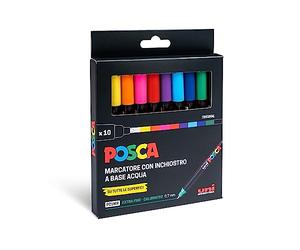 Posca - UniPosca - Juego completo con 10 rotuladores de punta extrafina de 0,7 mm. Rotuladores acrílicos Uni Posca, ideales como colores para niños y artistas, trabajos creativos, colores de tela y