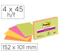 Post-it Bloc de Notas Adhesivas Super Sticky 152x101 mm, 45 Hojas, Colores Neón, Pack de 4 Unidades