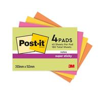 Post-it Notas Super Sticky, Grandes - Paquete de 4 Blocs, 45 Hojas por Bloc (203 mm x 152 mm) - Colores Verde, Rosa, Amarillo y Naranja - Notas Autoadhesivas para Listas de Tareas y Recordatorios