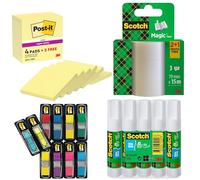 Post-it Notas Super Sticky - Paquete de Regreso a Clases + Pequeñas Banderas Índice Post-it, Paquete de 10 Blocs + Cinta Scotch Magic 3 Rollos + Barra de Pegamento Permanente Scotch - 5 Barras