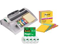 Post-it Organizador de Escritorio - 1x Organizador precargado con material de oficina y suministros + Cinta Scotch Magic, 4 Rollos de Notas Super Sticky, 6 Blocs, Amarillo, Azul, Verde, Rosa, Naranja