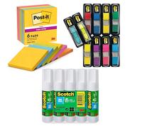 Post-it Pequeñas Banderas Índice, Paquete de 8 Blocs + 2 Blocs de Flechas Gratis + Barra de Pegamento Permanente Scotch - 1 Paquete de 5 Barras + Notas Super Sticky Post-it, 6 Blocs