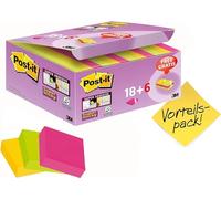 Post-it Super Sticky Notas, colores surtidos, 47,6 mm x 47,6 mm, 18+6 blocs GRATIS. 90 hojas/bloc, 24 blocs/paquete