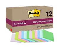Post-it Super Sticky Notas Recicladas, 12 Blocs, 70 Hojas por Bloc, 47.6 mm x 47.6 mm, Rosa, Verde, Azul, Morado, Amarillo - Notas Extra Adhesivas Fabricadas con Papel 100% Reciclado
