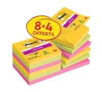 Post-it Z-Notas Super Sticky – Paquete 8+4 gratis, 90 hojas por bloc, 76×76 mm, Amarillo/Verde/Rosa
