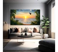Póster con imagen de una puesta de sol tropical en la playa, con vistas al océano, palmeras, águila volando en el cielo. Ideal para decorar la pared del salón (90x180cm/Sin marco).