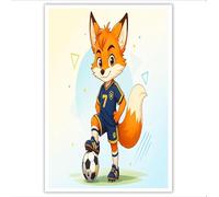 Póster Lienzo Fútbol Pequeño Zorro Cartel de la Pared Animales De Dibujos Animados Arte Mural en Lienzo Decoración la Pared la Sala de Juegos del Dormitorio los Niños, 70x100cm Sin Marco, Azul Claro