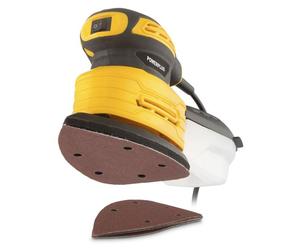 POWERPLUS POWDP50200: Lijadora orbital de mano, 180 W, con forma de delta, depósito de polvo con microfiltro, suela con sistema de velcro, incluye 5 hojas de lija para madera