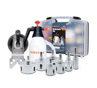 POWERTEC Kit de sierra perforadora de diamante húmedo, juego de 7 piezas con guía de taladro de montaje de succión, tanque de agua y manguera para perforación húmeda en azulejos, porcelana, granito