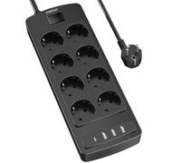 POWSAF Base de Enchufes con USB, Regleta Eléctrica 8 Enchufes y 4 Puertos USB, Regleta Multiple con Interruptor Seguro para Hogar/Oficina, Negro