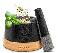 Praknu Mortero Cocina Granito 15 cm - Mano Extra Larga & Base Elegante de Madera FSC® - Perfecto para Especias, Hierbas o Nueces - Fácil de Limpiar - Grande