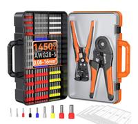 Preciva Crimpadora Terminales con 1450 Punteras Huecas y Pelacables | Alicates Crimpadora Ferrules 0,08-16 mm² Autoajustable con Carraca, Kit Terminales Electricos para Cables