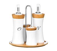 Premier Housewares - Juego de aceitera, vinagrera, salero y pimentero (cerámica y bambú), diseño cóncavo, Color Blanco