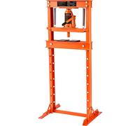 Prensa hidráulica de 12 toneladas, tipo marco en H, para uso en suelos, ideal para estampar placas. Mesa de trabajo ajustable en altura para doblar o enderezar metal. Adecuada para talleres, garajes o