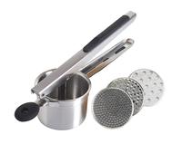 Prensa Patatas Manual de Acero Inoxidable con Mango de Silicona, 3 Discos Intercambiables, Machacador de Puré de Patatas 3 en 1, Utensilios de Cocina Para Hacer Purés y Zumos de Verduras.