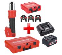 Prensadora a batería Rothenberger ROMAX NANO 18 V 34 kN CAS + 1 batería 4,0 Ah + cargador + juego de mordazas TH de 3 piezas + Rocase