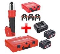 Prensadora a batería Rothenberger ROMAX NANO 18 V 34 kN CAS + 2 baterías 4,0 Ah + cargador + juego de mordazas SV de 3 piezas + Rocase