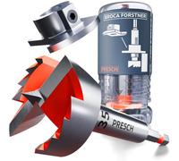 PRESCH Broca Forstner 35mm - Broca para madera con limitador de profundidad | Escala láser - Vástago hexagonal 1/4" y punta de centrado para agujeros limpios - Ideal para bisagras y espigas