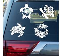 PRESSINART 4 Piezas 4 Estilos Calcomanía de Coche de Hibisco Blanco Calcomanía de Coche de Tortuga Marina Patrón de Flor de Tortuga Pegatinas Reflectantes para Bicicleta de Pet 7.9 x 7.9 Pulgadas