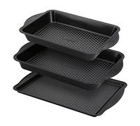 PRESTIGE Aerolift - Juego de 3 bandejas antiadherentes para horno, aptas para lavavajillas, con asas extragrandes, latas duraderas de acero al carbono para asar con 5 años de garantía, color negro,