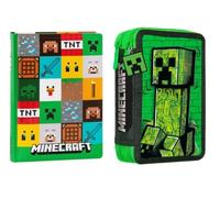 PRESTIGE & DELUXE Agenda compatible con diario Minecraft Pattern Pixel 2026-2027 F.to Standard 18 x 14 cm + Estuche de 2 pisos completo de papelería + llavero silbato y bolígrafo de color