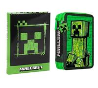 PRESTIGE & DELUXE Agenda compatible con diario Minecraft Pixel Black y verde 2026-2027 F.to Standard 18 x 14 cm + Estuche de 2 pisos completo de papelería + llavero silbato y bolígrafo de color