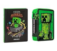 PRESTIGE & DELUXE Agenda compatible con diario Minecraft Team Miners 2026-2027 F.to Standard 18 x 14 cm + Estuche de 2 pisos completo de papelería + llavero silbato y bolígrafo de color
