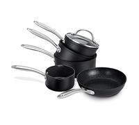 PRESTIGE Juego de cacerolas antiadherentes - 5 piezas de inducción negro con cacerolas de 16 cm, 18 cm y 20 cm con tapa, sartén antiadherente de 29 cm y sartén para leche