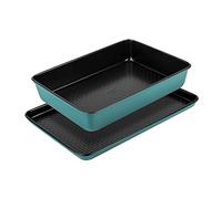 Prestige Nadiya - Juego de 2 bandejas antiadherentes para horno de 33 x 23 cm y bandeja grande para horno de 38 x 25 cm, apta para nevera, congelador y lavavajillas, color azul y negro