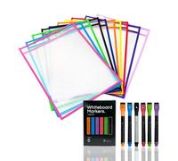PREVIS Fundas Borrables de Plastico A4 Tamaño Folio - 10 Unidades + Caja de 6 Rotuladores con Borrador - Fundas para Escribir y Borrar y Colgar - Ideal para Niños, Maestros, Estudio, Planificación