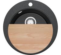 PRIMAGRAN Fregadero Cocina al Mueble 45cm + Kit de desagüe, 50x50cm | Set: Kit de desagüe (sifón, válvula, rebosadero) + Tabla de Cortar + Pisa Top 1 Seno Granito, Grafito