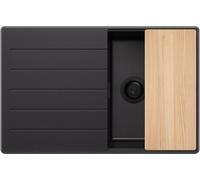PRIMAGRAN Fregadero Cocina al Mueble 45cm + Kit de desagüe, 78x50cm | Set: Kit de desagüe (sifón, válvula, rebosadero) + Tabla de Cortar + Copenhague Top 1 Seno Granito, Todo Negro