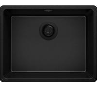 PRIMAGRAN Fregadero Cocina al Mueble 60cm + Kit de desagüe, 56x44cm | Set: Kit de desagüe (sifón, válvula, rebosadero) + Venecia Easy Slim 1 Seno Granito, Todo Negro