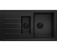 PRIMAGRAN Fregadero Cocina al Mueble 60cm + Kit de desagüe, 90x50cm | Set: Kit de desagüe (sifón, válvula, rebosadero) + Copenhague Duo 1,5 Senos Granito, Todo Negro