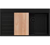 PRIMAGRAN Fregadero Cocina al Mueble 60cm + Kit de desagüe, 90x50cm | Set: Kit de desagüe (sifón, válvula, rebosadero) + Sydney Ergo 1 Seno Granito, Todo Negro