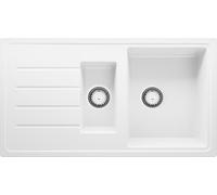 PRIMAGRAN Fregadero Cocina al Mueble 60cm + Kit de desagüe, 90x50cm | Set: Kit de desagüe (sifón, válvula, rebosadero) + Copenhague Duo 1,5 Senos Granito, Blanco