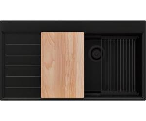 PRIMAGRAN Fregadero Cocina al Mueble 60cm + Kit de desagüe, 90x50cm | Set: Kit de desagüe (sifón, válvula, rebosadero) + Sydney Ergo 1 Seno Granito, Todo Negro