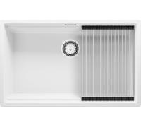 PRIMAGRAN Fregadero Cocina al Mueble 80cm + Kit de desagüe, 76x47cm | Set: Kit de desagüe + Enrollable Escurridor + Prague Level Slim 1 Seno Granito, Blanco
